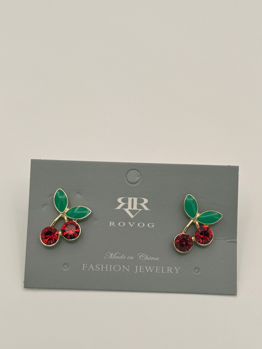Gold Cherry Stud Earrings with Red Crystals and Green Enamel Leaves NEW